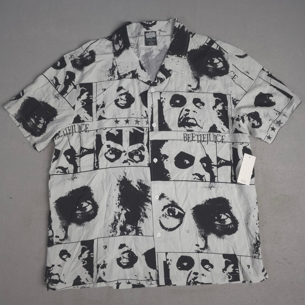 New Beetlejuice All Over Graphic Button‎ Up Shirt Men's XL Collage Short Sleeve